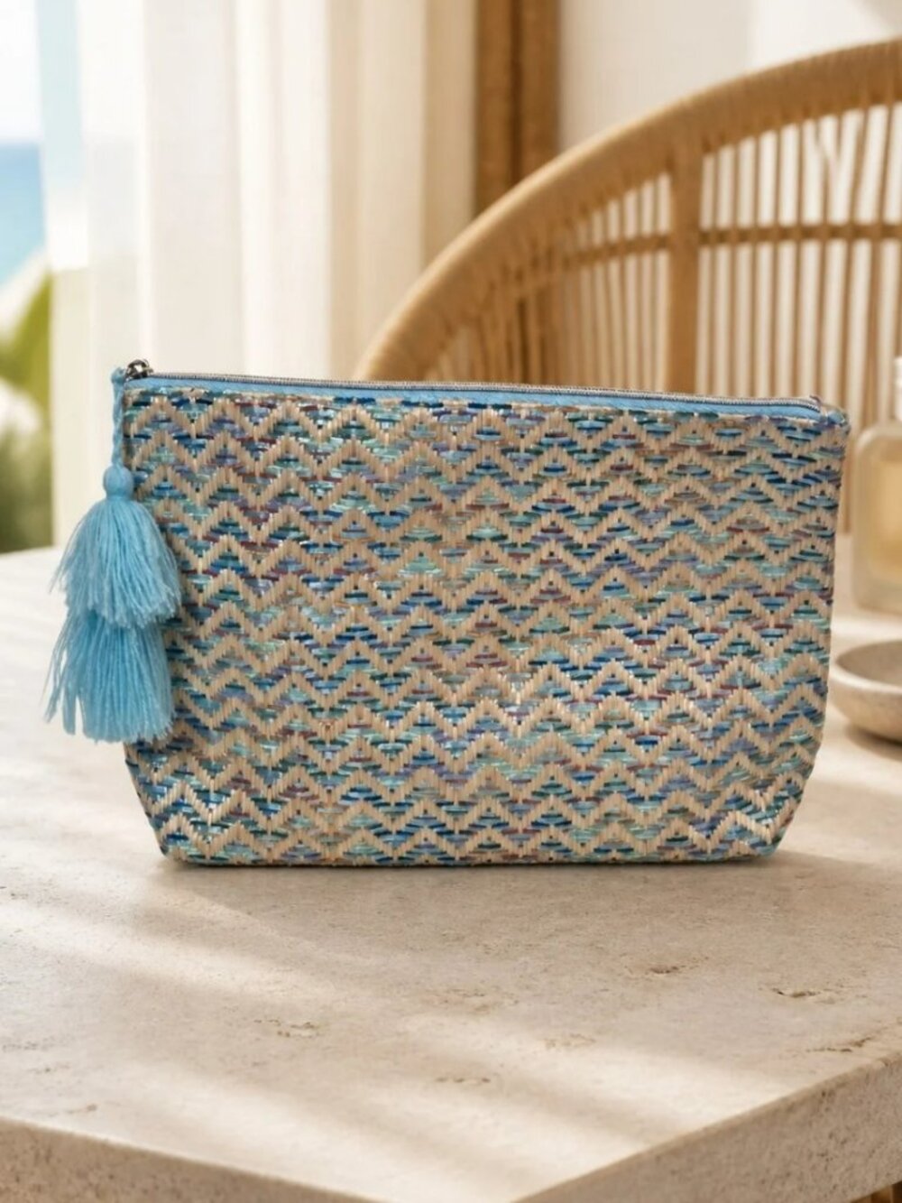 Lancome Blue & Natural Woven Tassel Makeup Pouch Cosmetic Bag